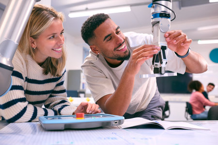 Male And Female College Or University Engineering Students In Robotics Class Working Togetherの写真素材