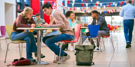 Two College Or University Students With Mobile Phone Working Together In Study Areaの写真素材