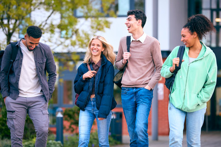 Group Of University Students Outdoors Walking Past College Buildingsの写真素材