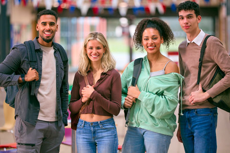 Portrait Of Group Of University Students With Bags In College Buildingの写真素材
