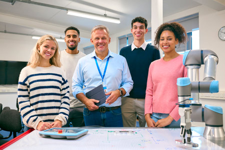 Portrait Of Group Of College Or University Engineering Students In Robotics Class With Male Teacherの写真素材