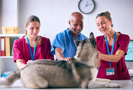 Male And Female Veterinary Team Examining Pet Akita Dog In Surgeryの写真素材