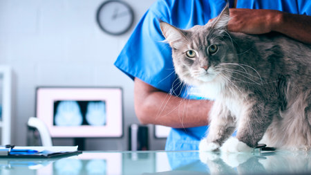 Close Up Of Male Vet Examining Pet Cat In Surgery