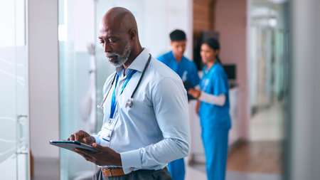 Mature Male Doctor With Digital Tablet In Hospital With Colleagues In Background