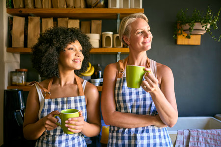 Two Women Working In Sustainable Plastic Free Store Having Coffee Breakの写真素材