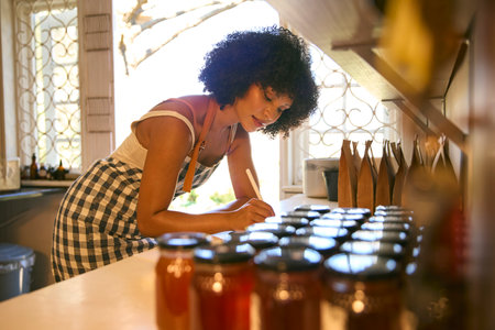 Woman Working In Sustainable Plastic Free Grocery Store Checks Stock On Shelves With Digital Tabletの写真素材