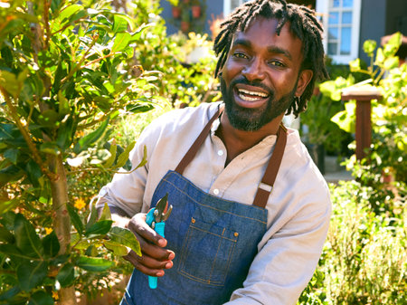 Portrait Of Man Working In Garden Centre Checking And Pruning Plants With Secateursの写真素材