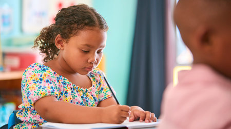 Female Primary Or Elementary School Student At Desk In Classroom