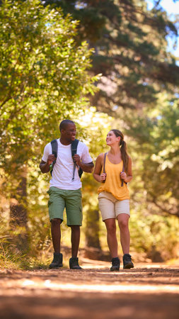 Young Active Couple Wearing Backpacks Hiking Along Trail Through Countrysideの写真素材