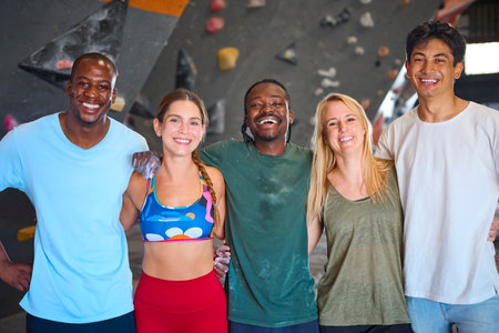 Portrait Of Climbers And Instructors Standing By Climbing Wall In Indoor Activity Centreの写真素材