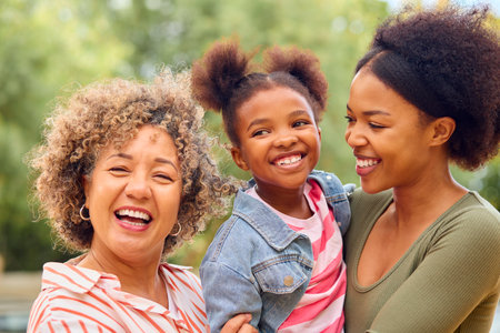 Portrait Of Three Generation Female Family Laughing And Smiling Standing Outdoors In Countrysideの写真素材
