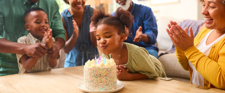 Multi-Generation Family Celebrating Granddaughter's Birthday At Home With Cake And Party