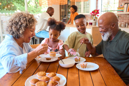 Grandparents With Grandchildren At Home Eating And Decorating Cakes With Family In Background