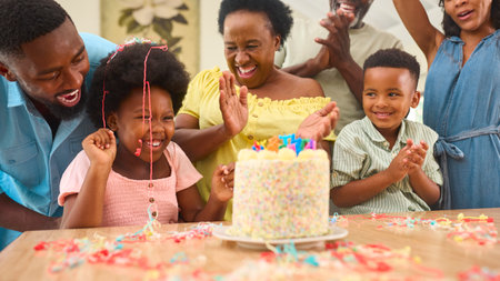 Multi-Generation Family Celebrating Granddaughter's Birthday At Home With Cake And Party