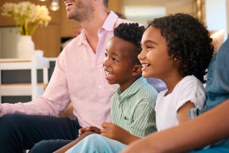 Family Laughing Sitting On Sofa Watching TV At Home With Grandparents In Backgroundの写真素材