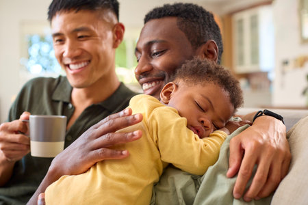 Loving Same Sex Male Family Cuddling Sleeping Baby Daughter On Sofa With Parents Drinking Hot Drinksの写真素材