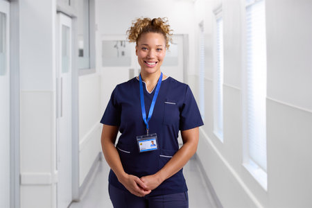 Portrait Of Smiling Female Nurse Wearing Uniform In Hospital Corridor With Security Lanyard