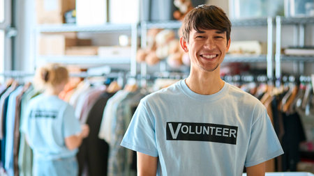Portrait Of Male Charity Worker Sorting Clothing Donations At Thrift Store