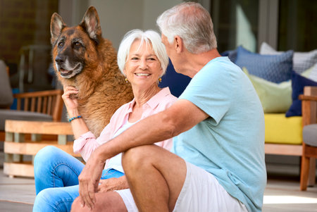 Loving Senior Couple With Pet Dog Sitting Outdoors On Deck At Home Togetherの写真素材
