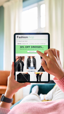 Close Up Of Woman Shopping For Clothes On Digital Tablet Lying On Sofa At Homeの写真素材