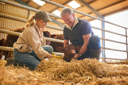 Male And Female Farm Workers Checking On Calf In Barn