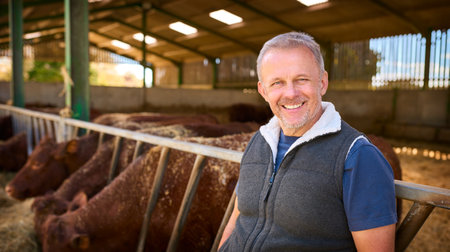 Portrait Of Mature Male Farm Worker Checking On Cattle In Barn At Feeding Time