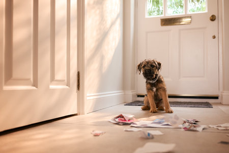 Badly Behaved Border Terrier Puppy Ripping Up Letters In Hallway Of Homeの写真素材