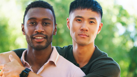 Two men share a joyful moment in a sunlit park, embracing each other affectionately. Their smiles radiate warmth, reflecting a strong bond as they enjoy the beautiful weather and each other's company.の写真素材