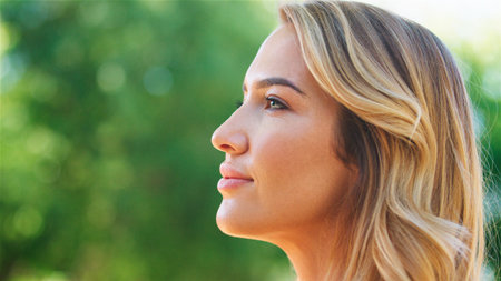 A young woman with wavy hair gazes thoughtfully into the distance, her profile illuminated by...