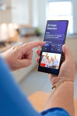 A person is interacting with a mobile application focused on AI image generation while seated in a...