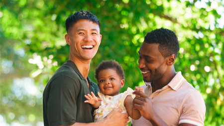Two fathers happily interact with their baby in a sunlit park.の写真素材
