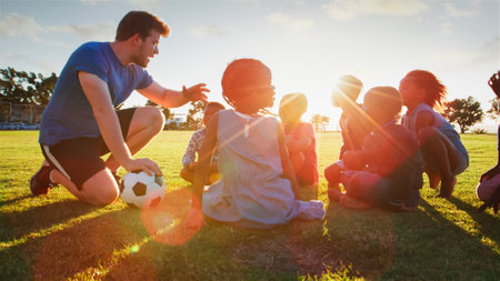 Coach teaches young athletes on a grassy field as the sun sets.の写真素材