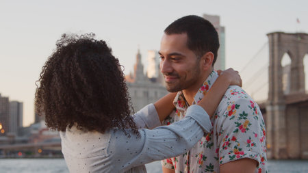 Romantic Young Couple On Vacation Hugging With Manhattan Skyline In Background