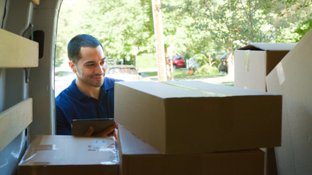 Courier With Digital Tablet Finding Package In Back Of Van