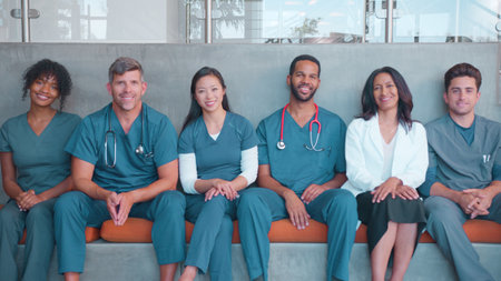 Portrait Of Multi-Cultural Medical Or Surgical Team Wearing Scrubs Sitting Inside Hospital Together