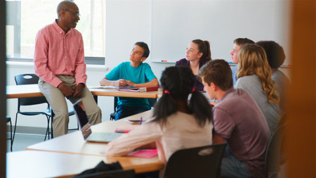 Male High School Tutor Sitting On Desk Teaching Group Of Multi-Cultural Students In Classroom