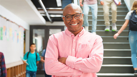 Portrait Of Male High School Teacher Standing By Stairs In Busy College Building
