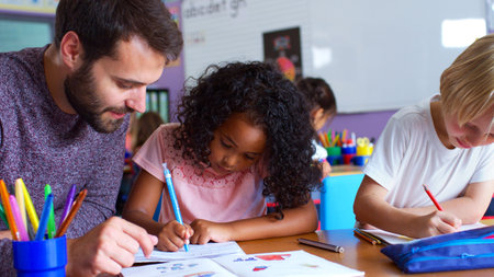 Male Elementary School Teacher Giving Female Pupil One To One Support In Classroom