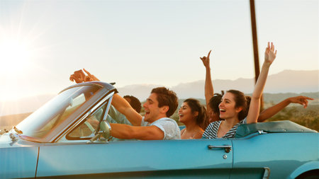 Multi-Cultural Group Of Friends On Road Trip Driving Open Top Car Through Countryside