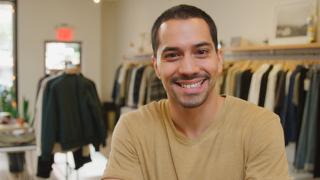 Portrait Of Smiling Male Sales Assistant Manager Or Owner In Clothing Fashion Storeの写真素材
