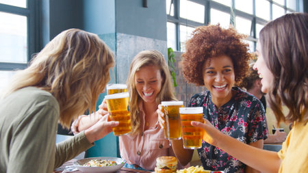 Group Of Young Female Friends Meeting For Drinks And Food Making A Toast In Restaurant Or Barの写真素材