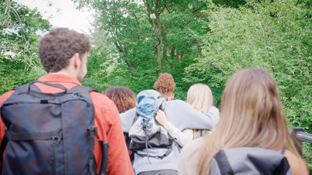 Rear View Of Group Of Young Friends Walking Through Forest Hiking In UK Lake Districtの写真素材