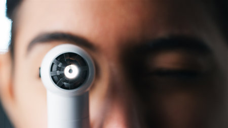 Close Up Portrait Of Female Ophthalmologist In Hospital Looking Through Ophthalmoscopeの写真素材
