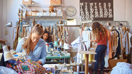Female Staff Working At Sewing Machines In Clothing Factory