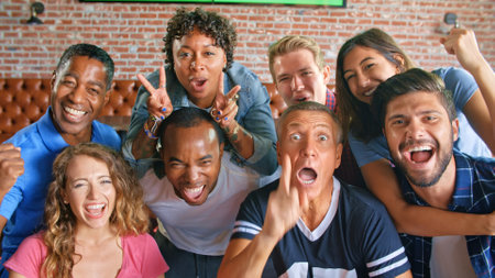 Portrait Of Smiling Multi Cultural Friends Watching Game In Sports Bar On Screens