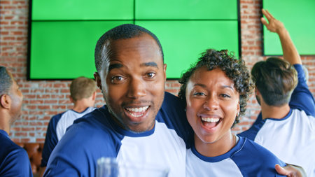 Portrait Of Couple Wearing Team Colours Watching Game In Sports Bar On Green Screen Celebrating Win