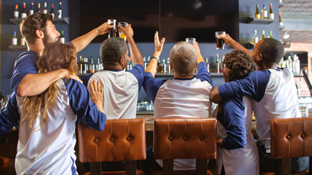 Rear View Of Friends Wearing Team Colours Watching Game In Sports Bar Celebrating