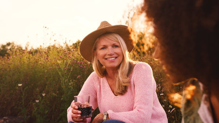 Two Mature Female Friends Sitting Around Fire As They Drink At Outdoor Campsite
