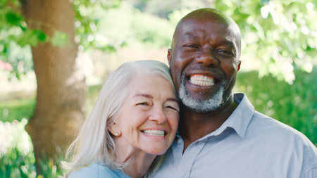 Portrait Of Multi-Racial Senior Couple Standing Outdoors In Garden Park Or Countryside
