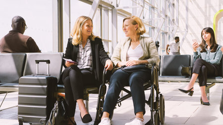 Businesswoman Sitting In Airport Departure With Female Colleague In Wheelchair Talking Togetherの写真素材